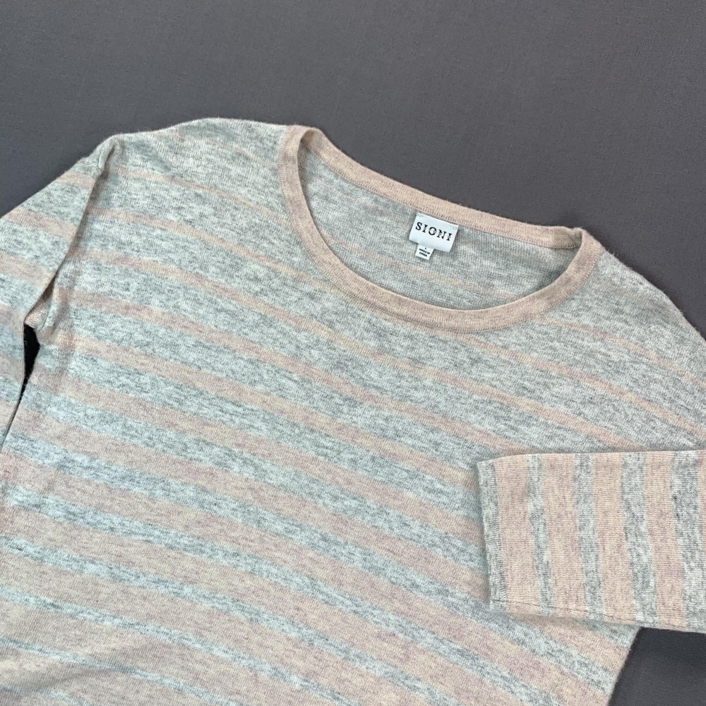Sioni Studio Sweater Womens L Gray Pink Stripe 3/4 Sleeve Side Zip Pullover
